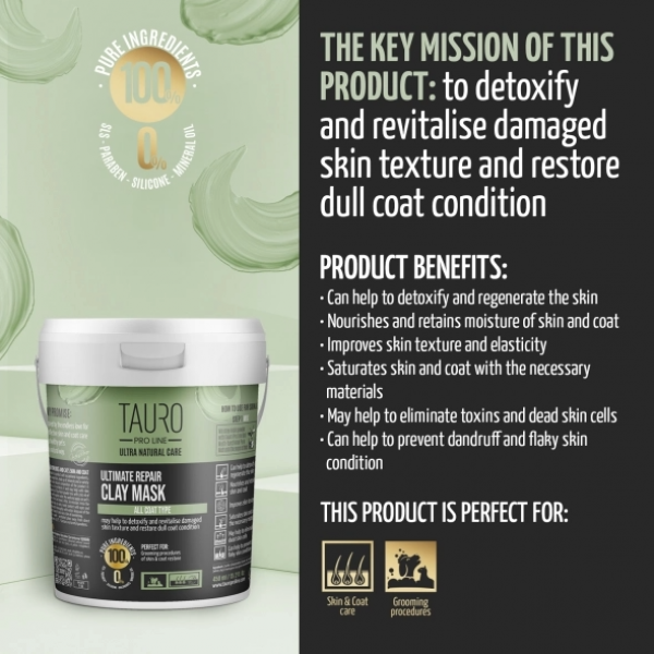 TAURO PRO LINE – Ultra Natural Care | Ultimate Repair Clay Mask – intensive Regeneration für Haut & Fell von Hunden & Katzen - 450 g